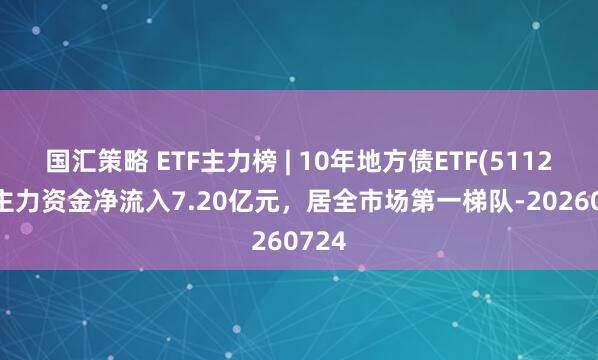 国汇策略 ETF主力榜 | 10年地方债ETF(511270)主力资金净流入7.20亿元，居全市场第一梯队-20260724